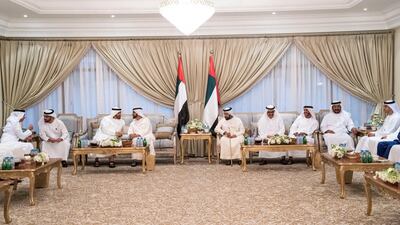 Lt General Sheikh Saif bin Zayed, UAE Deputy Prime Minister and Minister of Interior (L), Sheikh Hamdan bin Zayed, Ruler’s Representative in Al Dhafra Region (2nd L), Sheikh Mohamed bin Zayed, Crown Prince of Abu Dhabi and Deputy Supreme Commander of the UAE Armed Forces (3rd L), Sheikh Mohamed bin Rashid, Vice-President, Prime Minister of the UAE, Ruler of Dubai and Minister of Defence (4th L), Sheikh Hamdan bin Rashid, Deputy Ruler of Dubai and UAE Minister of Finance (6th L), Sheikh Suroor bin Mohamed (7th L), Sheikh Saeed bin Mohamed (2nd R) and Sheikh Khaled bin Zayed, Chairman of the Board of Zayed Higher Organization for Humanitarian Care and Special Needs (ZHO) (R), attend an iftar reception held by Sheikh Tahnoon bin Mohamed, Ruler's Representative in Al Ain Region (5th L). ( Hamad Al Kaabi / Crown Prince Court - Abu Dhabi ) ---