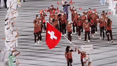 Switzerland delegation parades during the Opening Ceremony of the Tokyo 2020 Olympic Games.