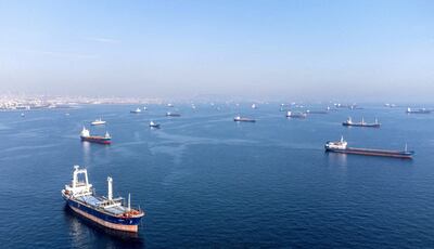 Commercial vessels wait to pass the Bosphorus near Istanbul. Reuters