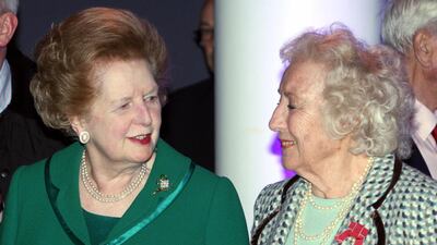 Dame Vera Lynn smiles at former British Prime Minister Baroness Margaret Thatcher as she celebrates her 90th birthday at the Imperial War Museum on March 20, 2007 in London. Getty Images