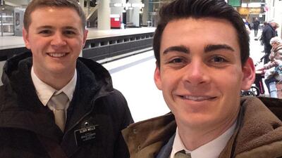 This undated photo provided by Chad Wells shows Mormon missionaries Mason Wells, 19, of Sandy, Utah, left, and Joseph Empey, 20, of Santa Clara, Utah. Joseph Empey/Chad Wells via AP