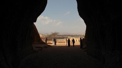 Visitors tour the ancient heritage site of excavated rock at Al Ula, Saudi Arabia. Saudi Arabia's Crown Prince Mohammed Bin Salman officially launched his vision of the mega tourism project at the ancient site of Al Ula. Bloomberg