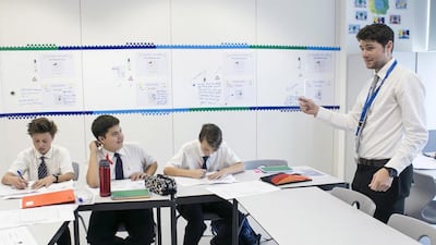 The Gems Wellington Academy in Dubai has converted 12 classrooms into a large plaza to provide a flexible learning environment for children. Reem Mohammed / The National