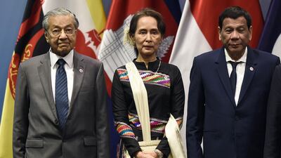 Mahathir Mohamad, Aung San Suu Kyi and Rodrigo Duterte pose for a photo at the 33rd Asean summit in Singapore. AFP