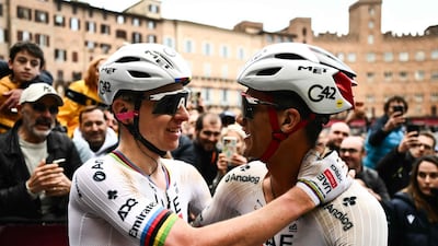 UAE Team Emirates XRG teammates Tadej Pogacar, left, and Isaac Del Toro. AFP