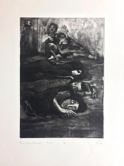 Azza Abo Rebieh was detained in a Damascus prison in 2015. She has since created etchings and drawings of her time there. Courtesy Middle East Institute