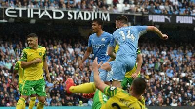 Manchester City's Aymeric Laporte scores his side's third goal against Norwich City at the Etihad Stadium. AP