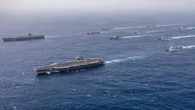 US Navy warships cross the Arabian Sea in close formation, in June. Photo: US Navy