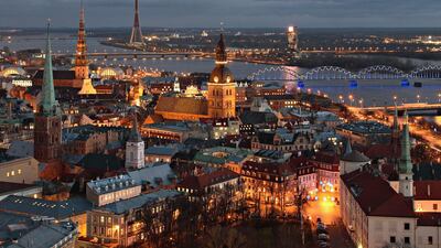 An aerial view of Riga's old town at night. Photo © Aleksandrs Kendenkovs