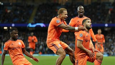 Nabil Fekir celebrates after scoring Lyon's second goal against Manchester City. Richard Heathcote/Getty Images