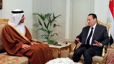 Egyptian President Hosni Mubarak meets with UAE Minister of Foreign Affairs Sheikh Abdullah bin Zayed in Cairo as protests in the city continue for the 15th consecutive day.