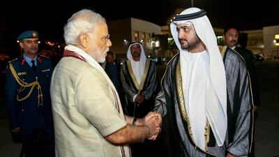 Sheikh Maktoum bin Mohammed, Deputy Ruler of Dubai, says goodbye Indian prime minister Narendra Modi at Dubai International Airport on Monday evening. His historic two-day state visit generated plans to invest US$75 billion in Indian infrastructure and to boost trade between the two countries by 60 per cent. Wam