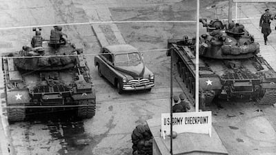 Checkpoint Charlie, the crossing point between East and West Berlin, in 1961. AFP