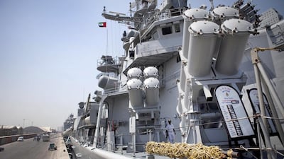 The Indian navy's flagship, the destroyer Mysore, at Port Rashid in Dubai. The Mysore is one of four Indian navy vessels taking part in a month-long deployment, including manoeuvres and communication drills, with UAE Navy ships in the Arabian Gulf. Razan Alzayani / The National