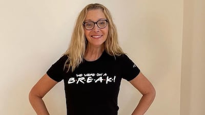 Lisa Kudrow, who played Phoebe in 'Friends', wears a 'We were on a break!' T-shirt from the limited edition Cast Collection of merchandise