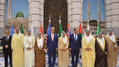 Sheikh Abdullah bin Zayed, Minister of Foreign Affairs and International Cooperation, with US secretary of state John Kerry and other foreign ministers from the region, who met in Saudi Arabia on August 25, 2016, to discuss a political solution to the crisis in Yemen. Wam