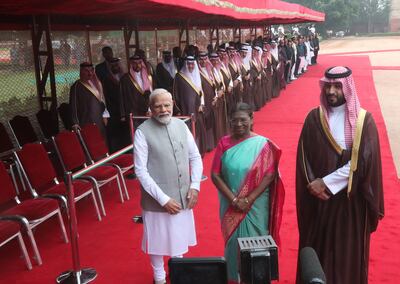 Saudi Crown Prince Mohammed bin Salman in New Delhi with Indian Prime Minister Narendra Modi and the country's President Droupadi Murmu. EPA