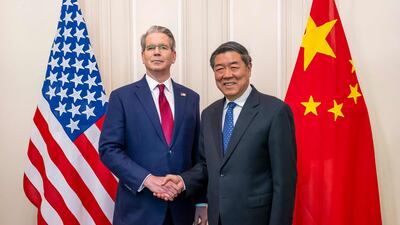 US Treasury Secretary Scott Bessent and China's Vice Premier He Lifeng, during a meeting to discuss trade relations and tariffs in Geneva in May. AFP