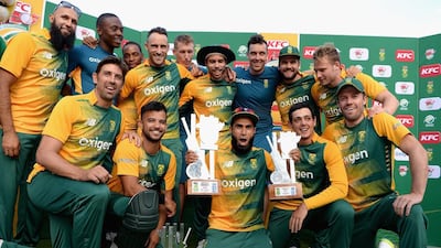 South Africa celebrate winning the T20 international series against England at Johannesburg on Sunday. Gareth Copley / Getty Images
