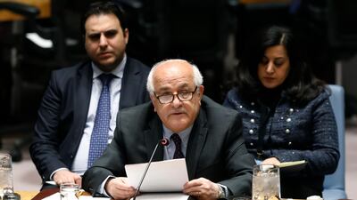 Palestinian Ambassador Riyad Mansour addresses the United Nations Security Council, at UN headquarters, Tuesday, Jan. 22, 2019. AP