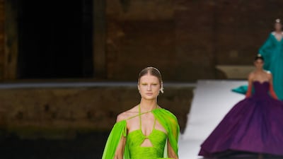In vivid colours and with huge crinolines, gowns floated down the Valentino haute couture autumn 2021 runway