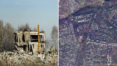 From left to right: Workers clear rubble after a Ukrainian rocket strike in Makiivka, and a satellite image shows the area following the shelling. AP / Reuters