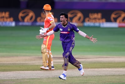 Ibrar Ahmad of Abu Dhabi Knight Riders celebrates the wicket of James Vince of Gulf Giant. Photo: ILT20