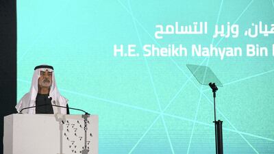 Sheikh Nahyan Bin Mubarak, Minister of Tolerance, speaks at the UAE Peace Gathering at Umm Al Emarat Park. All photos by Khushnum Bhandari for The National