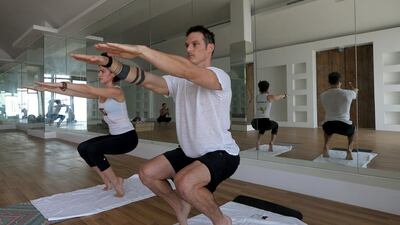 Utkatasana (Awkward Pose): Relieves sciatica, arthritis, rheumatism and gout in the legs. Cures slipped disc and lumbago in the lower spine. Firms all muscles of the thighs, calves and hips. Creates traction in the spine, improves strength in the weight-bearing joints. Increases blood circulation in the knee and ankle joints. Helps with neuropathy. Ravindranath K / The National