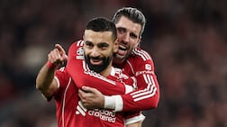 LIVERPOOL, ENGLAND - MARCH 18: Mohamed Salah of Liverpool celebrates scoring his sides fourth goal with team mate Dominik Szoboszlai during the UEFA Champions League 2025/26 Round of 16 Second Leg match between Liverpool FC and Galatasaray SK at Anfield on March 18, 2026 in Liverpool, England. (Photo by Alex Pantling - UEFA/UEFA via Getty Images)