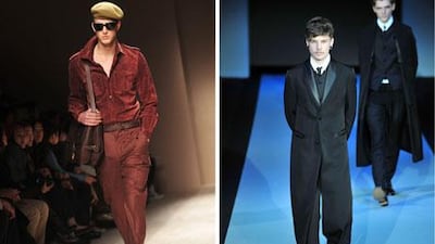 Left: a Salvatore Ferragamo creation shown during Men's Fashion Week in Milan this month. Right: Emporio Armani's Autumn/Winter 2011-2012 Menswear show in Milan this month revisited the necktie.
