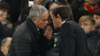 Manchester United manager Jose Mourinho and Chelsea manager Antonio Conte at the end of the match. John Sibley / Action Images / Reuters / October 23, 2016