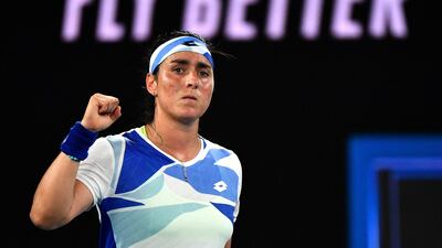 Tunisia's Ons Jabeur celebrates victory against Slovenia's Tamara Zidansek after their women's singles match on day two of the Australian Open tennis tournament in Melbourne on January 17, 2023. (Photo by Paul CROCK / AFP) / -- IMAGE RESTRICTED TO EDITORIAL USE - STRICTLY NO COMMERCIAL USE --
