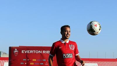Everton Ribeiro at his unveiling last week. The Brazilian midfielder enjoyed a perfect debut by coming off the bench to score. Satish Kumar / The National