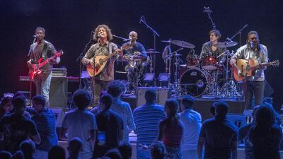 Aziz Sahmaoui of Morocco and his band perform at the Barzakh Festival at NYU Abu Dhabi on February 16, 2017. Vidhyaa for The National