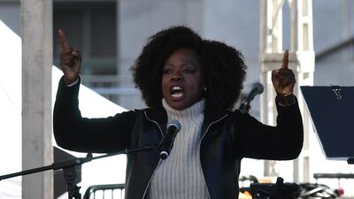 Actress Viola Davis speaks to the 500,000 strong crowd during the Women's Rally on the one-year anniversary of the first Women's March in Los Angeles. Mark Ralston / AFP