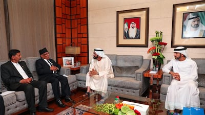 Sheikh Mohammed bin Rashid, Vice President and Ruler of Dubai, and Sheikh Hamdan bin Mohammed, Crown Prince of Dubai, meet Nepal’s prime minister Pushpa Dahal on Monday. Sheikh Mohammed welcomed the Mr Dahal to the UAE and praised the positive contribution of the Nepalese community in the development of various projects in the country. Wam
