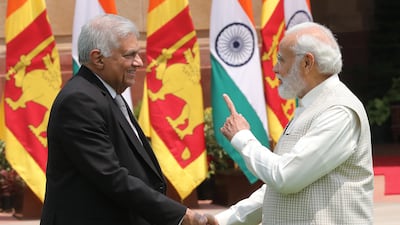Indian Prime Minister Narendra Modi welcomes Sri Lankan President Ranil Wickremesinghe to New Delhi. EPA