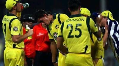The Australian team try to keep cool during the third ODI with Pakistan in Sharjah.