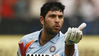Yuvraj Singh blows kisses to the crowd after scoring a century against England during their second one-day international.