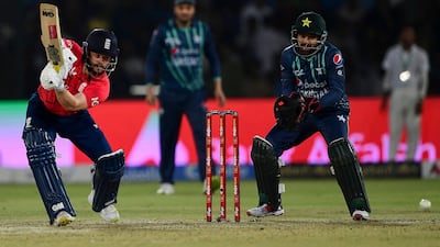 Ben Duckett plays a shot as Pakistan's wicketkeeper Mohammad Rizwan watches. AFP