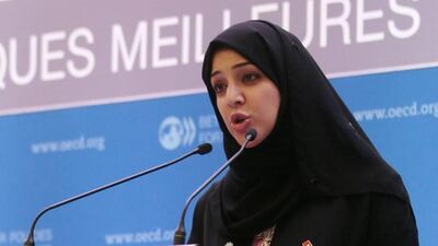 Reem Al Hashemi, the minister of state and managing director of the Dubai World Expo 2020 bid committee, delivers a speech during the presentation of the candidacies for the 2020 World Expo, at the OECD headquarters in Paris. Jacques Demarthon / AFP Photo