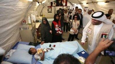 UN goodwill ambassador, Emirati singer Hussain Al Jassemi, visits the mobile Emirati hospital serving in the city of Mafraq, Jordan.