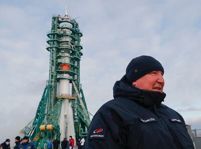 Dmitry Rogozin in front of the Soyuz MS-20 spacecraft at Baikonur cosmodrome on December 8. AFP