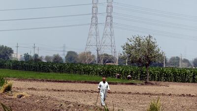 A farmer walks beside electricity pylons near an agricultural road which leads to Cairo, Egypt. Investments in electricity worldwide topped that of oil and gas last year for the first time ever. Amr Abdallah Dalsh : Reuters