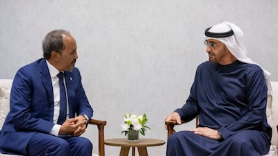 President Sheikh Mohamed and Somali President Hassan Mohamud meet at the International Defence Exhibition and Conference. All photos: Presidential Court
