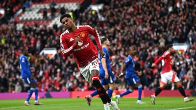 Marcus Rashford wheels away after scoring Manchester United's third goal during their Premier League win over Everton at Old Trafford on December 1, 2024. Getty Images