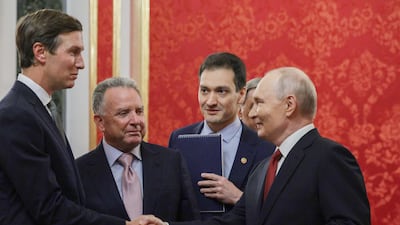 Russian President Vladimir Putin welcomes US special envoy Steve Witkoff and US President Donald Trump's son-in-law Jared Kushner prior to their talks in Moscow on September 5, 2026. Sputnik/AFP