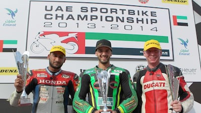 Abdulaziz Binladen, middle, won both races on the opening day at the Dubai Autodrome’s National Circuit on Friday. Photo courtesy of Dubai Autodrome