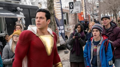 Zachary Levi and Jack Dylan Grazer in a scene from "Shazam!" (Steve Wilkie/Warner Bros. Entertainment via AP)